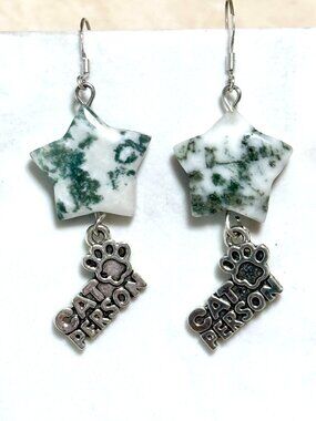 2/$20, White Green Tree Agate Star & Cat Person Paw Print Dangle Earrings